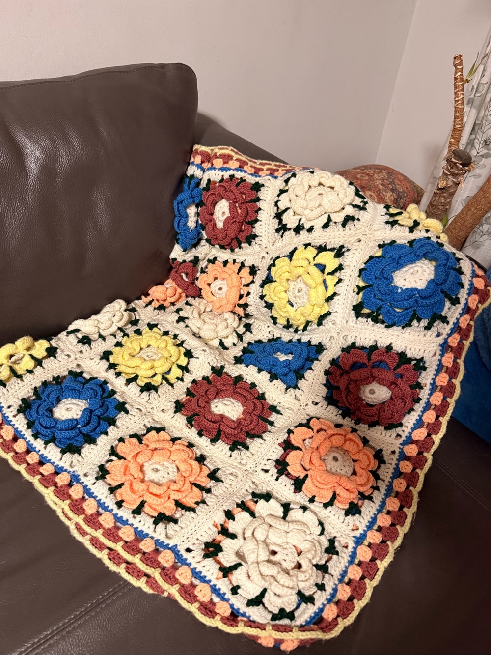 Handmade Crochet Flower Throw Blanket in Blue, Yellow, Orange, Red, Cream